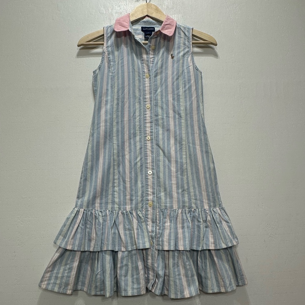Ralph Lauren Girls' Blue&Pink Stripe Sleeveless Button down Dress Ruffle Hem
